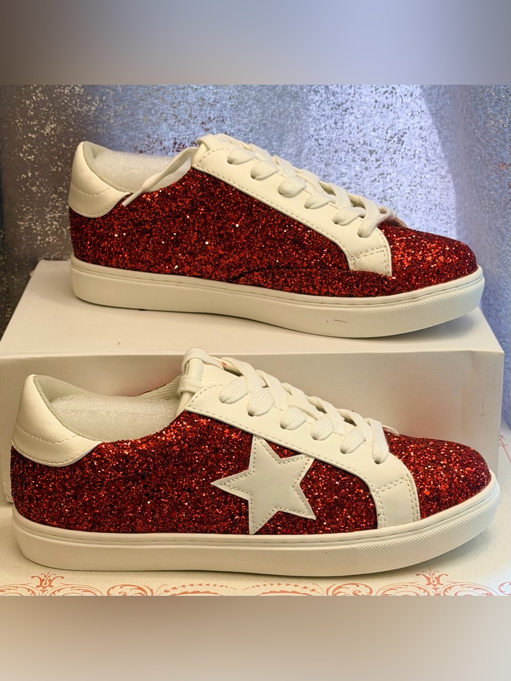 Red Glitter Star Low-Top Sneakers with White Trim